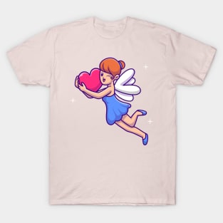 Cute Fairy Flying With Love Heart Cartoon T-Shirt